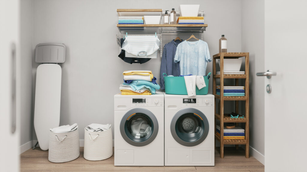 A laundry room with custom storage